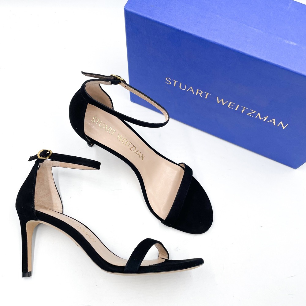 Stuart Weitzman NunakedStraight Black Suede Sandals Ankle Strap High Heel Sz 9